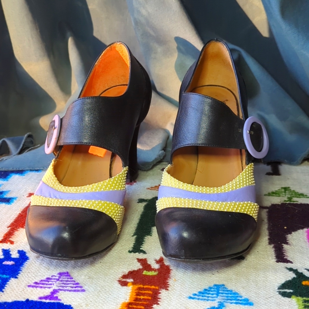 John Fluevog Black and Yellow Heels